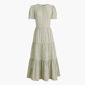 J Crew Green Floral Puff Sleeve Tiered Midi Dress Cottagecore Womens Size Small
